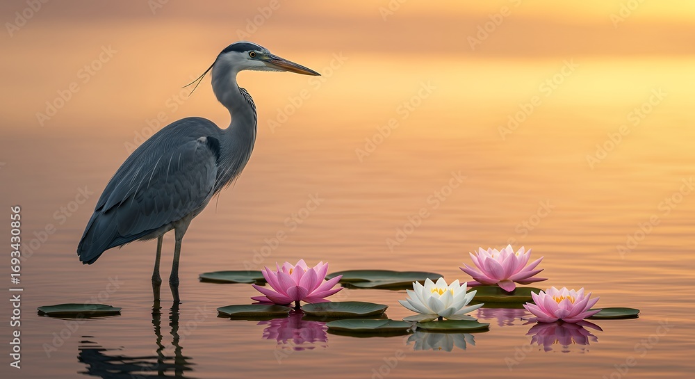 Fototapeta premium Heron standing still, lotus blossoms floating nearby, serene sunset glow, isolated background