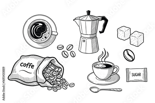 Coffee Still Life: Bag of Beans, Cup, Pot, and Sugar Hand-Drawn Sketch Illustration