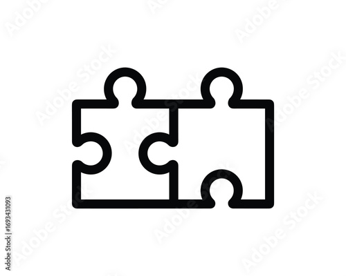 Connected jigsaw puzzle pieces, collaboration and teamwork concept in black outline style on white background