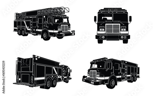 Detailed Black and White Firetruck Illustration with Multiple Angles and Ladder Detail