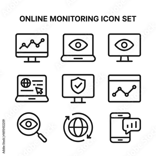 Digital monitoring and network analytics icons. Outline symbols. Line design
