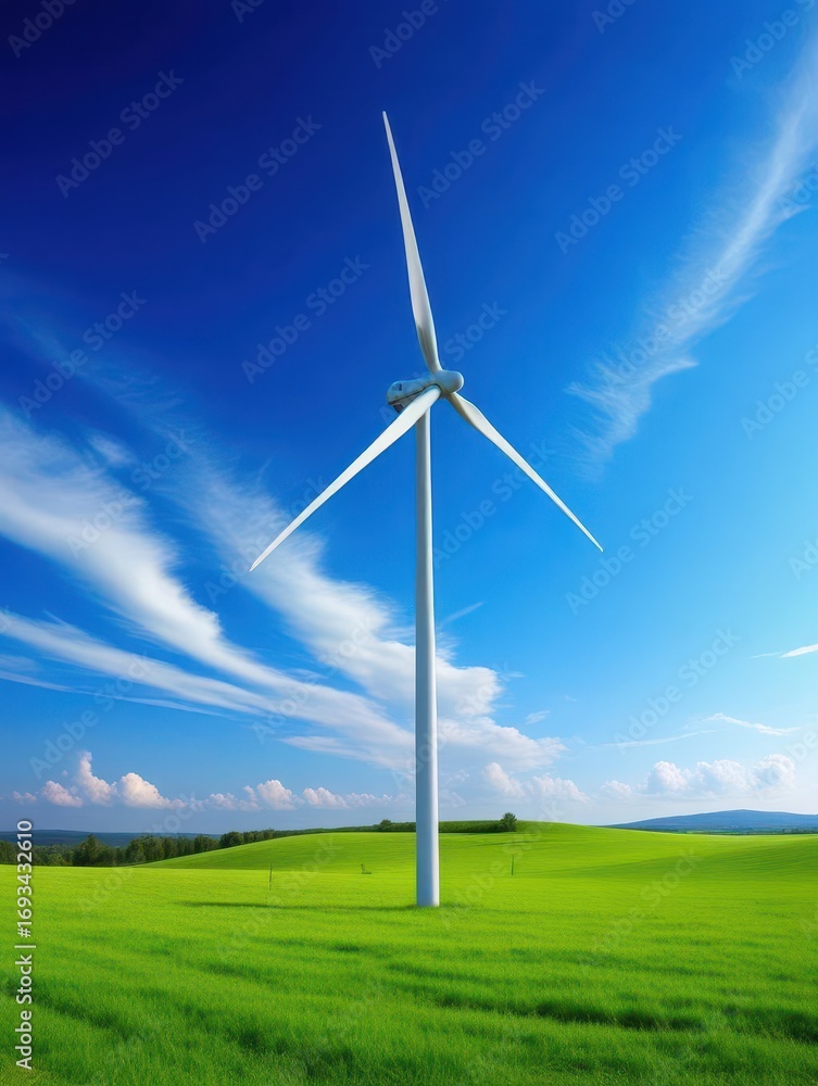 Fototapeta premium Scenic Wind Turbine in Green Meadow Under Bright Blue Sky