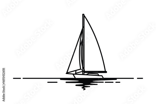 Minimalist Line Art of Sailboat on Water with Reflection, Nautical Design, Black and White, Simple Boat Icon