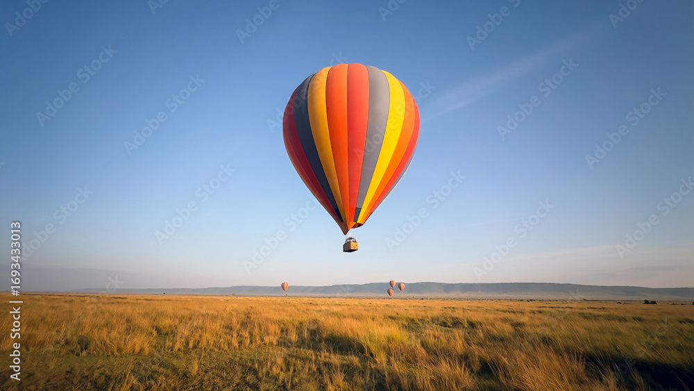Naklejka premium A hot air balloon over Savannah with blue sky