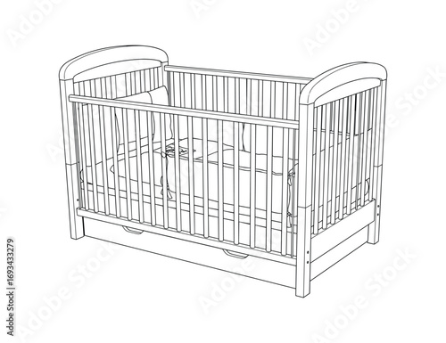 Outline illustration of a baby crib with bedding and mattress, furniture object, drawing style.