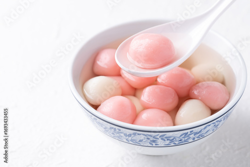 Tangyuan (Chinese sweet dumpling), Glutinous rice ball in syrup, Dessert celebrated in mid autumn lantern festival or new year