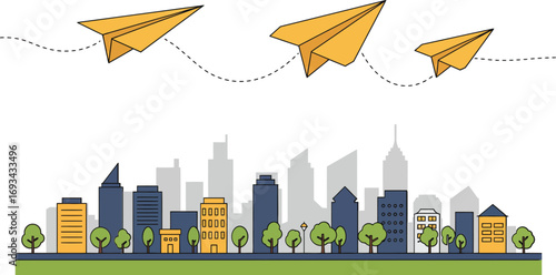 Three yellow paper airplanes soar above a colorful city skyline with dotted flight paths. Simplified urban landscape featuring buildings, trees, and green ground — playful vector art symbolizing dream