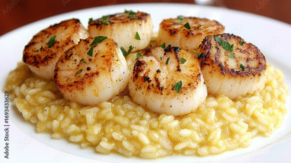 Fototapeta premium Delicious Pan-Seared Scallops Served on Creamy Risotto with Fresh Herbs Garnish for Gourmet Dining Experience