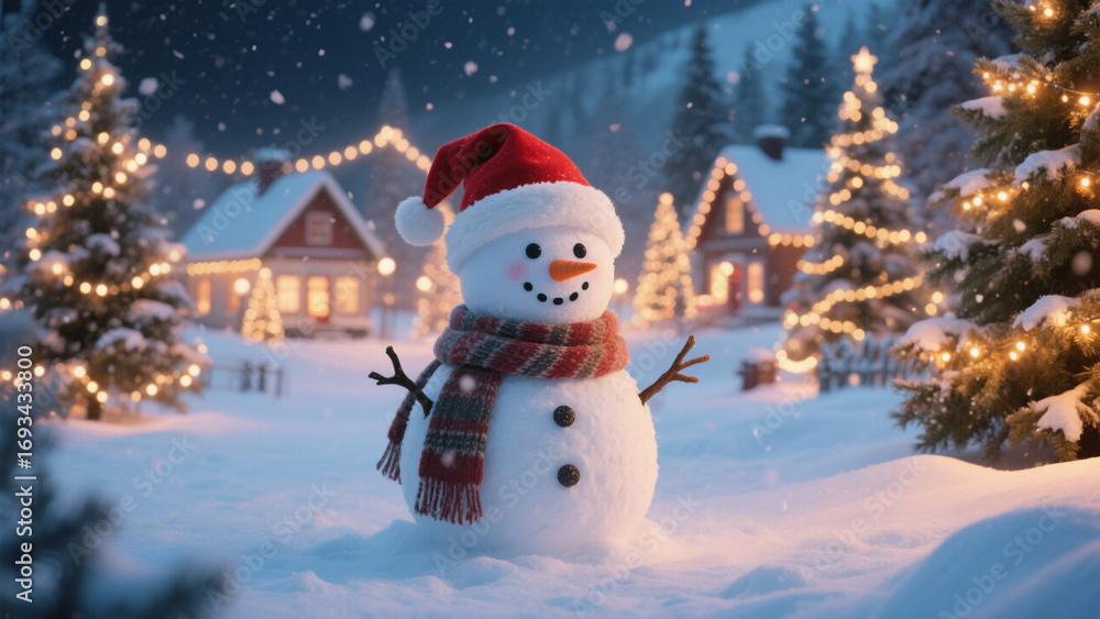 Fototapeta premium A festive winter scene featuring a cheerful snowman standing in the snow, adorned with a red Santa hat and a cozy scarf. Christmas, Christmas Tree, Merry Christmas, Christmas Background