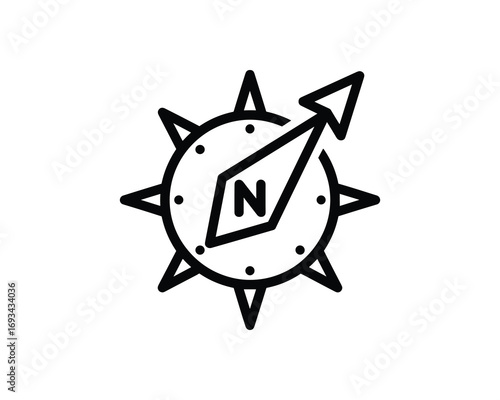 Simple Black and White Compass Icon with North Direction Symbol for Navigation