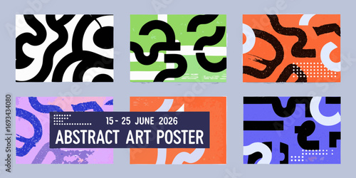 Collection of six abstract art posters featuring bold shapes and vibrant colors with event details