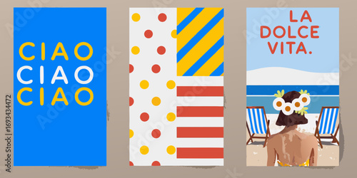 Three vibrant graphic design panels featuring italian greetings and a beach scene with la dolce vita text