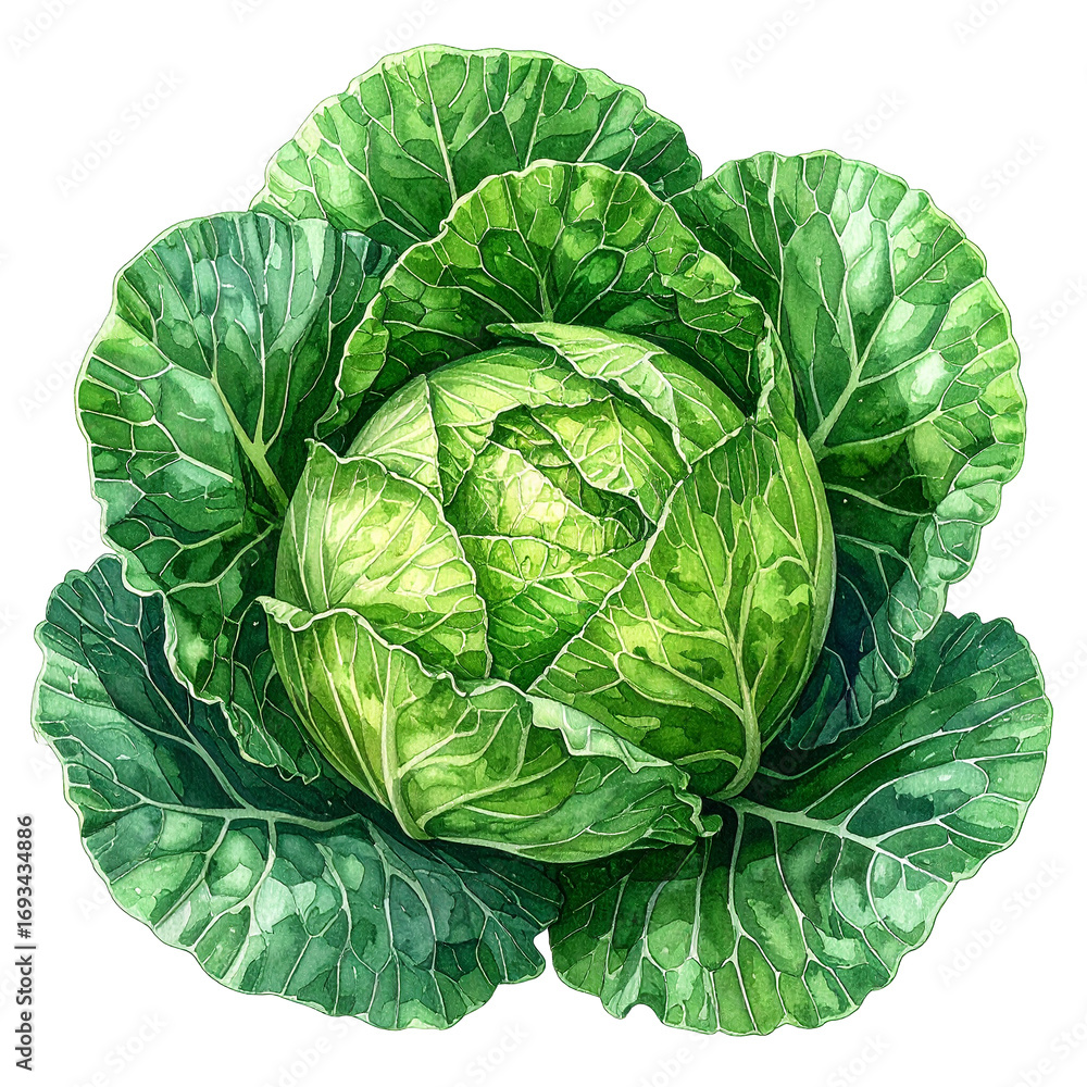 Fototapeta premium Green Cabbage Isolated On White Background: A fresh watercolor illustration presents a vibrant green cabbage, its leafy layers and natural form capturing the essence of organic produce.