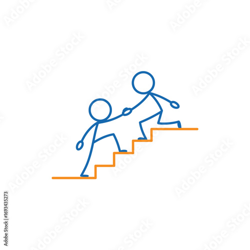 Two Stick Figures Helping Each Other Climb Stairs, Teamwork Climbing Stairs, Stick Figures Collaboration.