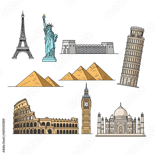 Collection of iconic world landmarks, including the Eiffel Tower and the Great Wall of China.