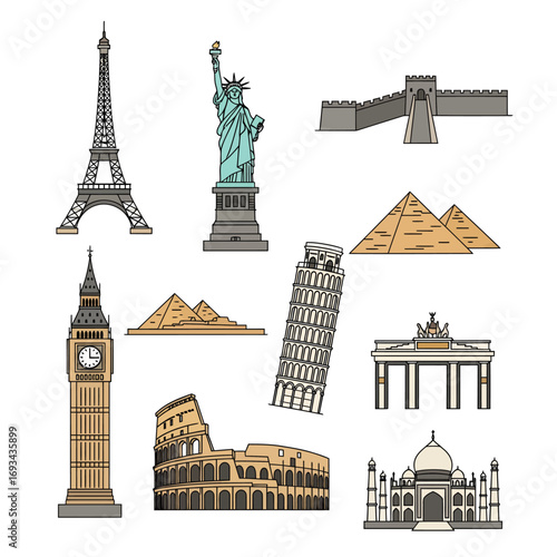 Vector illustration set of famous world landmarks and architectural wonders, including the Eiffel Tower, Statue of Liberty, and Taj Mahal.