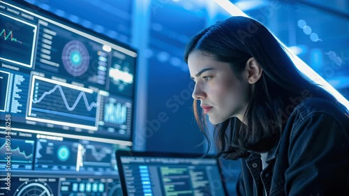 Ai insurance analytics dashboard glows as analyst at computer screen reviews data in dark modern office with focused calm workflow and risk model
