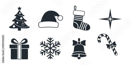Festive Holiday Icon Collection Featuring Christmas Tree Santa Hat Stocking Star Gift Snowflake Bell and Candy Cane