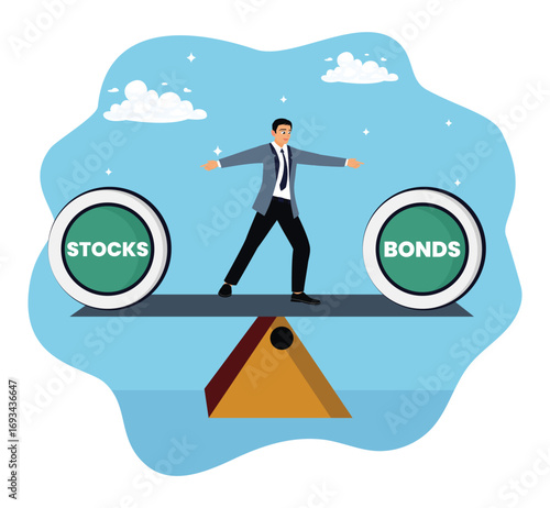 Businessman balancing investment choices between stocks and bonds.