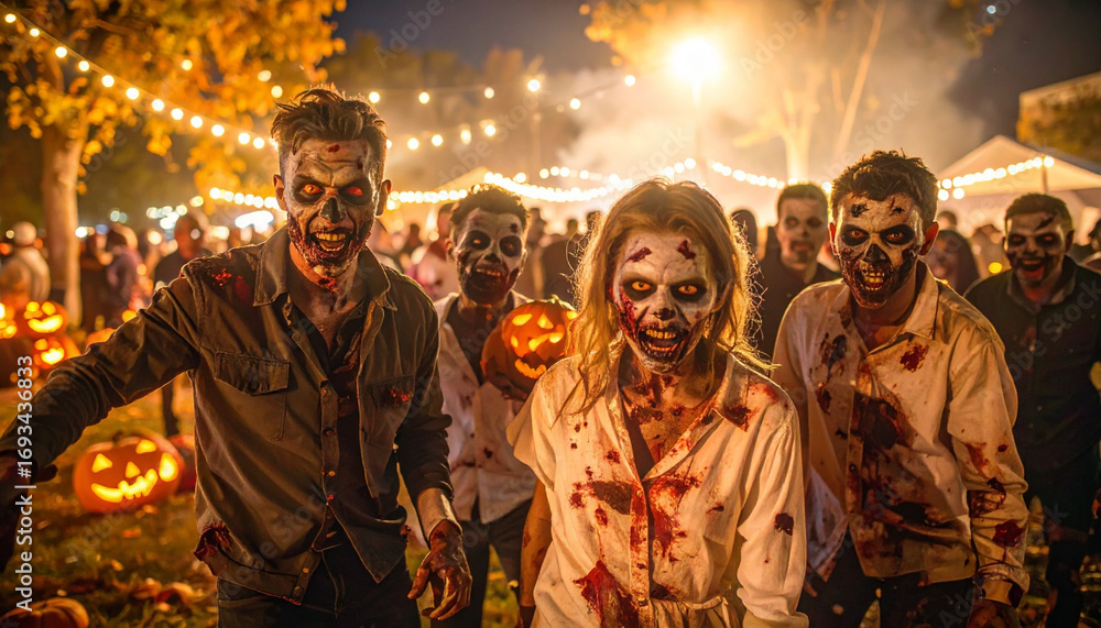 Fototapeta premium Group of young people who turned into scary zombies at a Halloween party