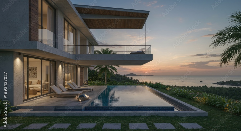 Fototapeta premium Luxury Modern Villa with Infinity Pool Overlooking Ocean Sunset