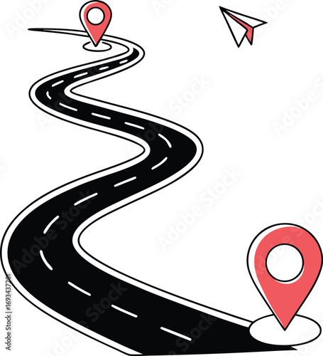 Road with location pin navigation icon silhouette for travel and directions