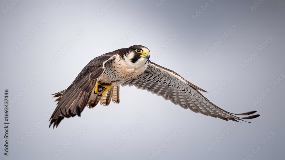 Fototapeta premium Peregrine falcon soaring through the sky with its wings spread wide against a light background