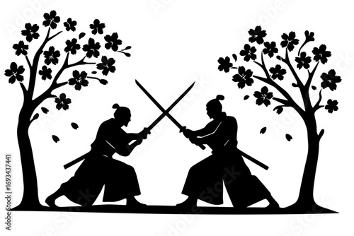 Samurai Dueling under Cherry Blossoms