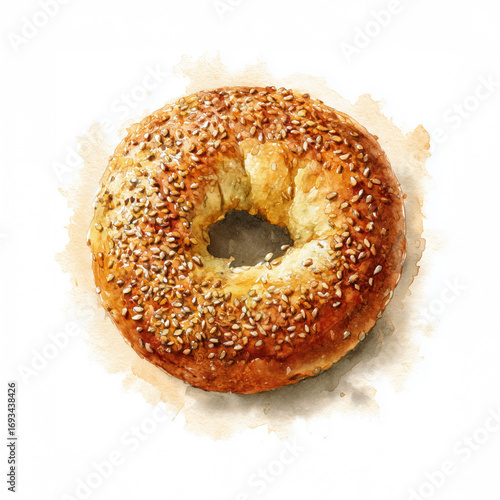 Watercolor illustration of a sesame bagel with toasted sesame seeds on golden crust, soft watercolor shading, isolated on white background. 