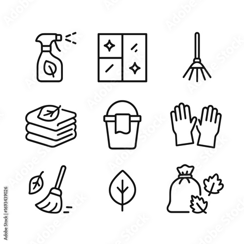 Fall cleaning household icons set. Outline symbols. Line design