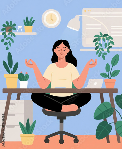 Young woman sitting at her office desk with a laptop, meditating in a lotus position, with a stylized plant next to her