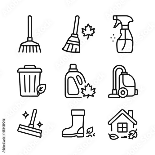 Seasonal fall housekeeping icon collection. Outline symbols. Line design