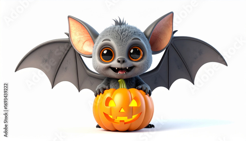 Cute 3d cartoon zombie baby bat with pumpkin, white background