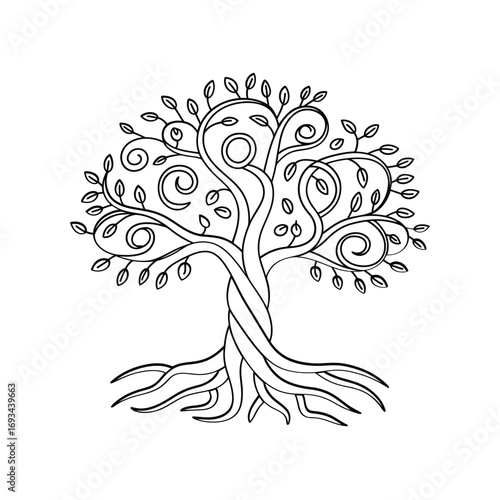 Intricate stylized tree of life with swirling branches and roots