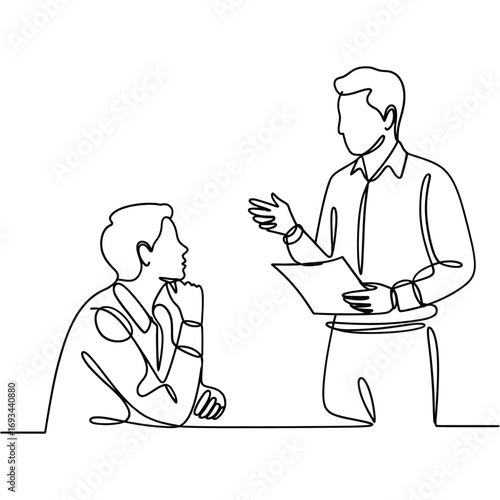 Two people in a conversation one presenting information