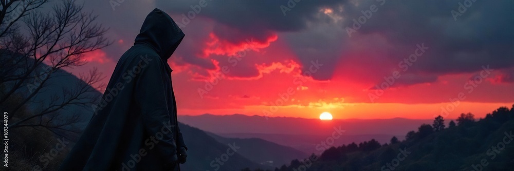 Fototapeta premium Silhouette of a cloaked figure at twilight, shrouded in mystery and intrigue, hinting at secrets and hidden agendas A sense of danger and suspense permeates the scene , covert, shadow