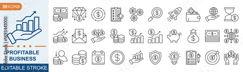 Profitable business icon collection set. Containing profit, revenue, income, sales, margin, cash flow, capital, asset icon. Simple line vector