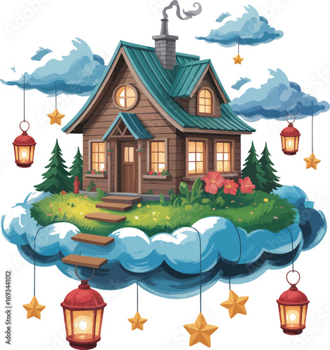 Enchanting fairytale cottage rests on a dreamy cloud island silhouette