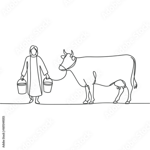 Farmer milking a cow with buckets in a simple line drawing