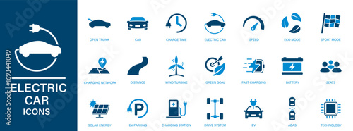 Electric car icons. Includes isolated vector icons of EV, charging station, fast charging, battery, green energy,...