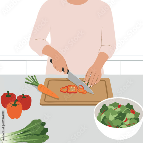 Flat 2D vector illustration shows a person chopping fresh bell peppers, carrots, and leafy greens on a cutting board in a bright, minimalist kitchen with a full salad bowl.