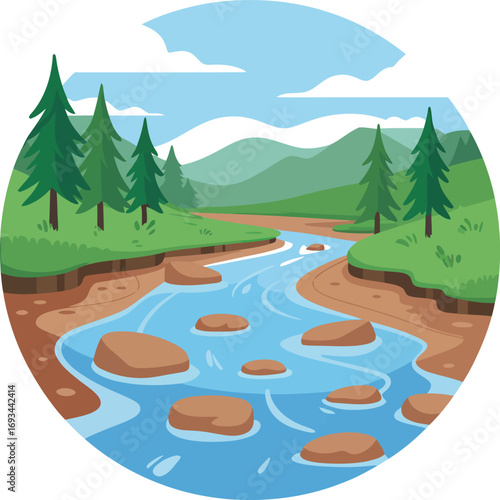 Majestic mountain valley river landscape drawing silhouette