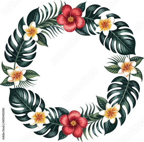 Tropical floral wreath with hibiscus and frangipani silhouette design