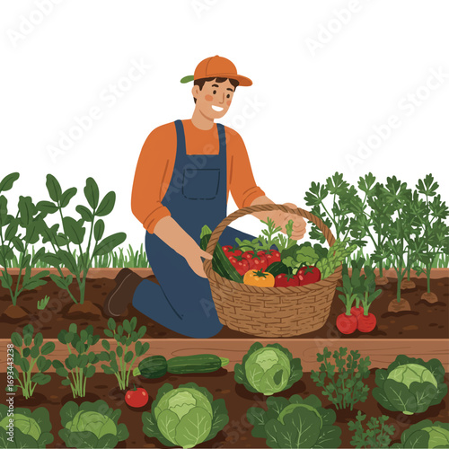 A smiling gardener kneels beside a lush raised garden bed, harvesting colorful organic vegetables and fresh herbs into a woven basket in a cheerful 2D flat vector illustration.