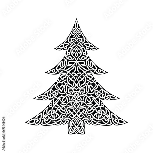 A black and white Christmas tree silhouette filled with an intricate Celtic knot design.