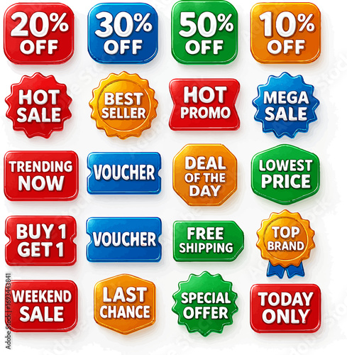 A collection of colorful sale and promotional tags and stickers for retail and e-commerce businesses.