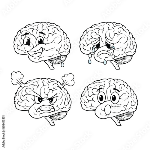 A collection of four cartoon brain characters expressing various emotions like happiness sadness anger and surprise.