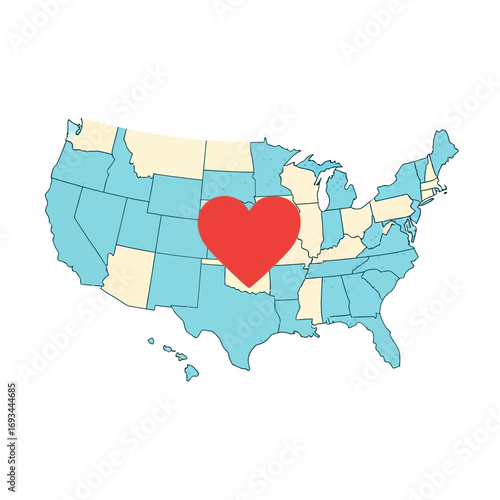 vector illustration of a United States map with a red heart symbolizing love and support for veterans on Veterans Day.