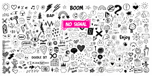 Collection of hand drawn doodle icons and symbols featuring no signal message and enjoy text