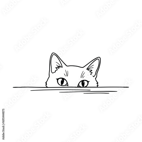 A curious cat peeking over a surface a minimalist black and white line art illustration.